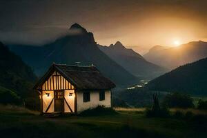 un pequeño cabaña en el montañas a puesta de sol. generado por ai foto