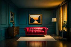 a red couch in a room with blue walls. AI-Generated photo
