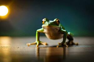 a frog is standing on a wooden floor. AI-Generated photo