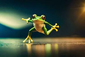 a frog is jumping on the ground. AI-Generated photo