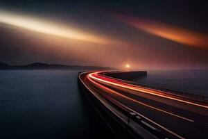 a long exposure photo of a bridge with light trails. AI-Generated