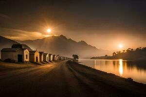 a road leading to a lake with houses on either side. AI-Generated photo