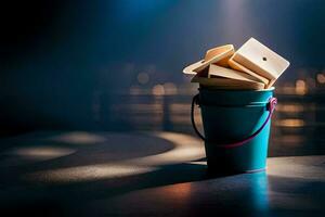 a bucket filled with books on a dark table. AI-Generated photo
