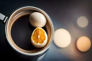 an orange and an egg in a pot of coffee. AI-Generated photo