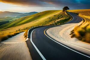 un devanado la carretera en el medio de un verde campo. generado por ai foto