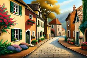 an illustration of a street in a village. AI-Generated photo