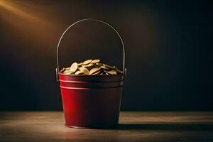 a red bucket filled with gold coins on a table. AI-Generated photo