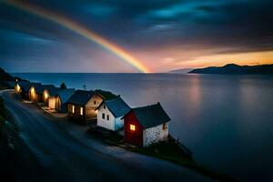 un arco iris terminado un pequeño pueblo en el costa. generado por ai foto