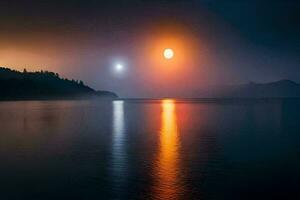 the moon is reflected in the water as it rises over the horizon. AI-Generated photo