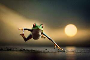 a frog jumping in the air with the sun in the background. AI-Generated photo