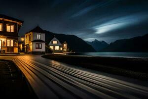 a long exposure photo of a house on the shore of a lake. AI-Generated