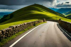 a road winding through a green valley with mountains in the background. AI-Generated photo