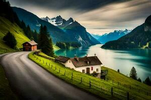 el la carretera a el lago. generado por ai foto