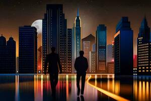 two men walking in front of a city at night. AI-Generated photo