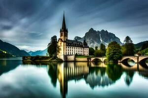 un Iglesia en un lago con montañas en el antecedentes. generado por ai foto