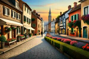 a street in europe with colorful buildings and flowers. AI-Generated photo