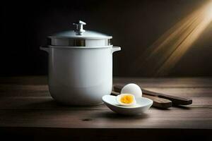 a white pot with an egg in it and a knife. AI-Generated photo