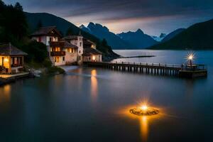 photo wallpaper the sky, mountains, lake, house, the light, the lake, the light. AI-Generated