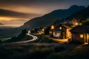 foto fondo de pantalla el cielo, camino, montañas, aldea, camino, camino, el camino, el. generado por ai