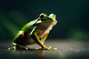 a frog is sitting on a dark surface. AI-Generated photo