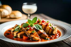 a plate of food with vegetables and sauce on a wooden table. AI-Generated photo
