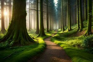 un camino mediante un bosque con arboles y césped. generado por ai foto