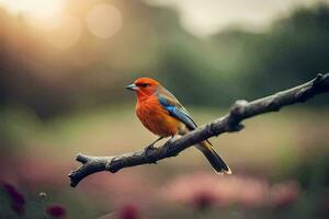 a colorful bird sits on a branch in the sun. AI-Generated photo