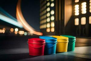 three colorful buckets sitting on a street at night. AI-Generated photo