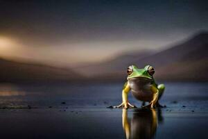 a frog sitting on the edge of a lake. AI-Generated photo