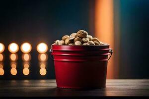 a red bucket filled with nuts on a table. AI-Generated photo