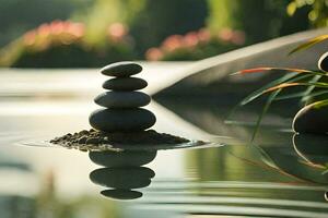 a stack of stones is sitting on top of a pond. AI-Generated photo