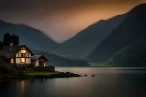 a house sits on the shore of a lake at dusk. AI-Generated photo