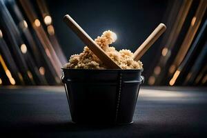 a bucket filled with brown sugar and two wooden sticks. AI-Generated photo