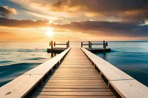 a wooden dock extends into the ocean at sunset. AI-Generated photo