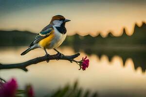 a bird sits on a branch near a lake. AI-Generated photo