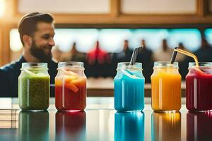 a man is sitting in front of a row of colorful smoothies. AI-Generated photo