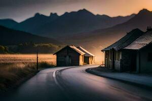 a road in the mountains with a house and mountains in the background. AI-Generated photo