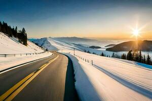 a road in the mountains with snow and sun. AI-Generated photo
