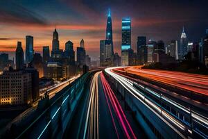 un ciudad horizonte a noche con tráfico luces. generado por ai foto