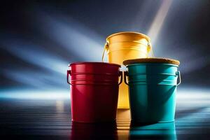 three colorful buckets on a shiny surface. AI-Generated photo