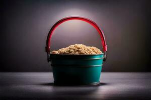 a bucket filled with granola on a dark table. AI-Generated photo