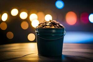 a bucket of coins on a table with blurred lights. AI-Generated photo