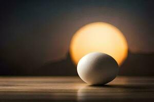 an egg on a table in front of a bright light. AI-Generated photo