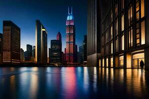 el ciudad horizonte iluminado arriba a noche con un persona en pie en el agua. generado por ai foto