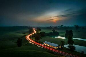 un largo exposición foto de un la carretera y un granja. generado por ai