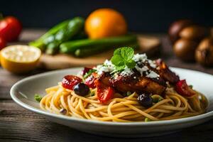 spaghetti with chicken and vegetables on a wooden table. AI-Generated photo
