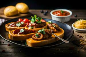 un plato de comida con carne y vegetales. generado por ai foto