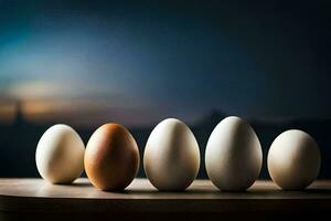 five eggs are lined up in a row. AI-Generated photo