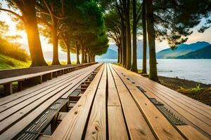 a long wooden walkway leads to the water. AI-Generated photo
