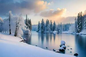 a snowy lake surrounded by trees and snow. AI-Generated photo